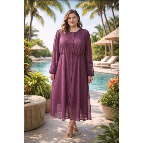 torrid Dresses & Skirts - Purple Swiss Dot, Lace Sleeve, Button Front Midi Dress, Whimsy, Cottage Core, XL